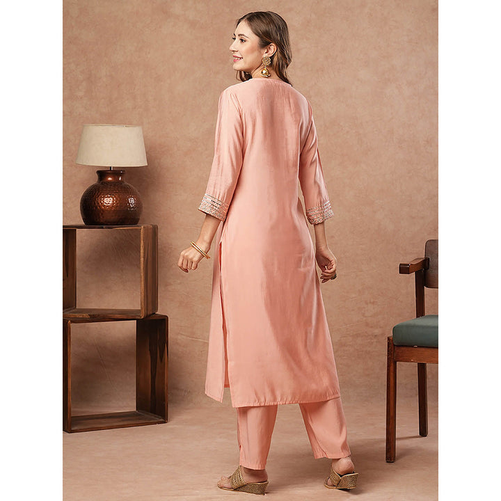 FASHOR Solid Mirror Zari Embroidered Kurta With Pant - Pink (Set of 2)
