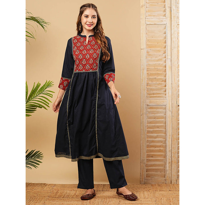 FASHOR Floral Embroidered Anarkali Kurta With Pant - Navy Blue (Set of 2)