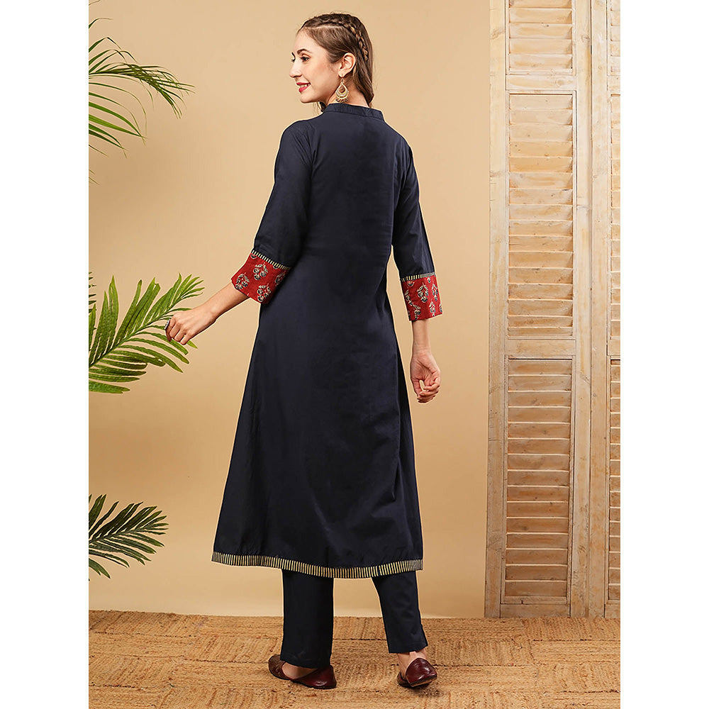 FASHOR Floral Embroidered Anarkali Kurta With Pant - Navy Blue (Set of 2)