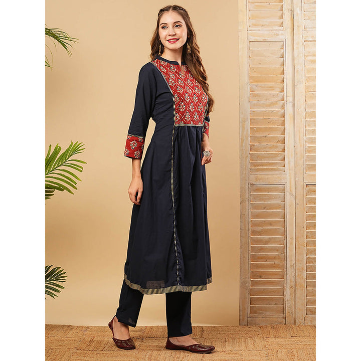 FASHOR Floral Embroidered Anarkali Kurta With Pant - Navy Blue (Set of 2)