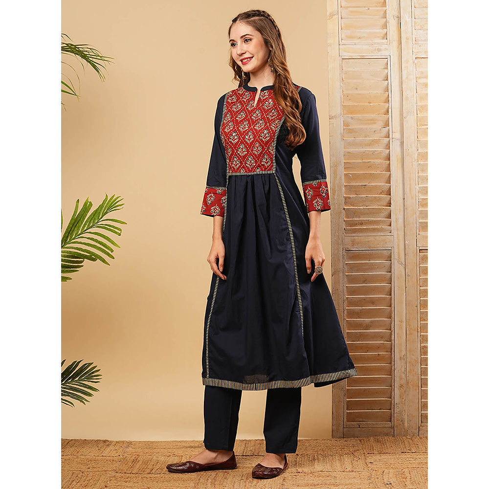 FASHOR Floral Embroidered Anarkali Kurta With Pant - Navy Blue (Set of 2)