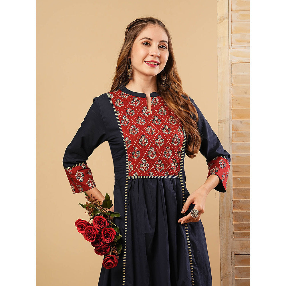 FASHOR Floral Embroidered Anarkali Kurta With Pant - Navy Blue (Set of 2)