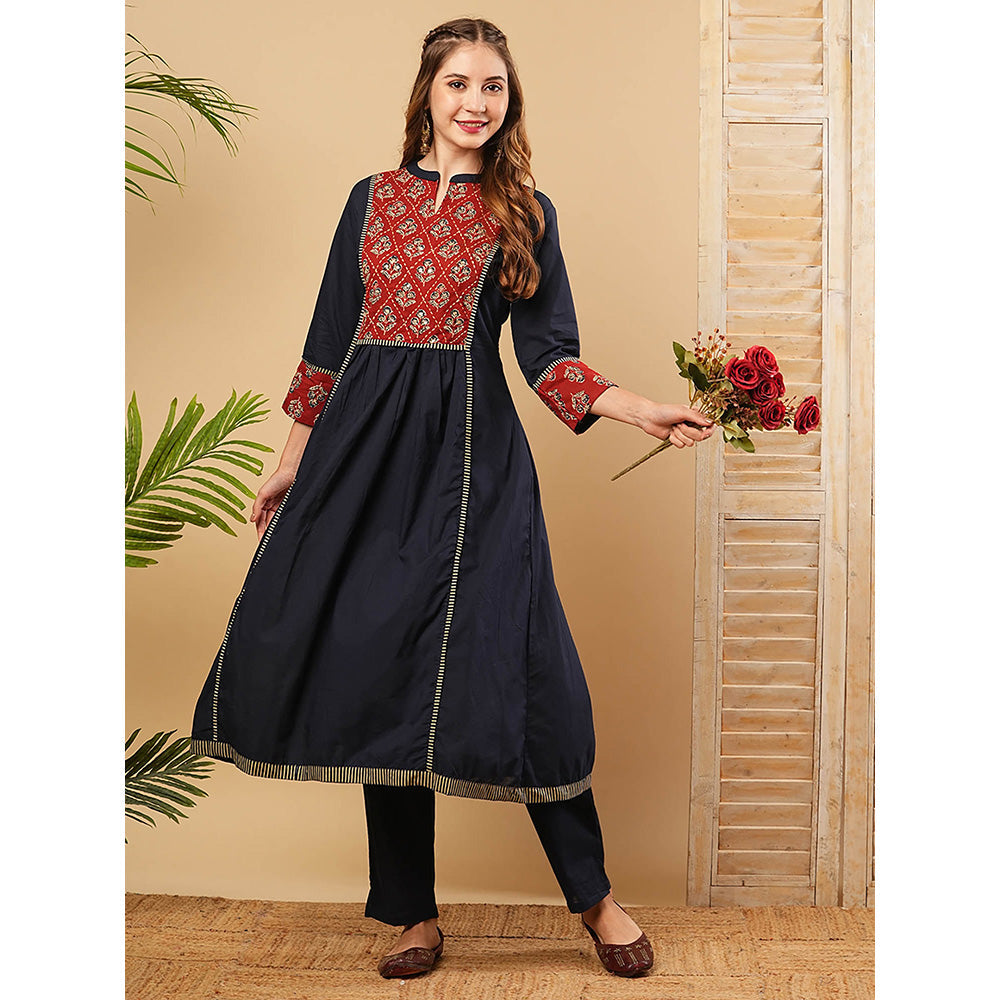 FASHOR Floral Embroidered Anarkali Kurta With Pant - Navy Blue (Set of 2)