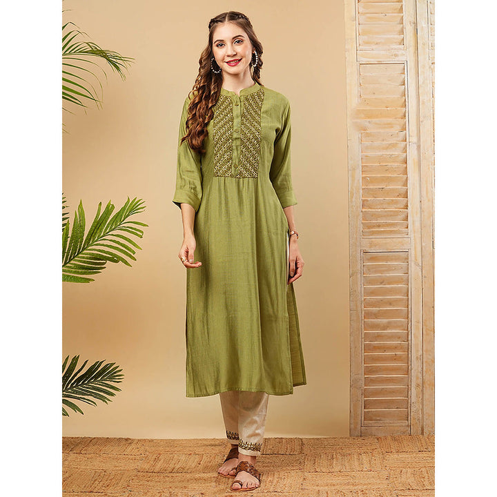 FASHOR Solid Resham Embroidered Kurta With Pant - Green (Set of 2)