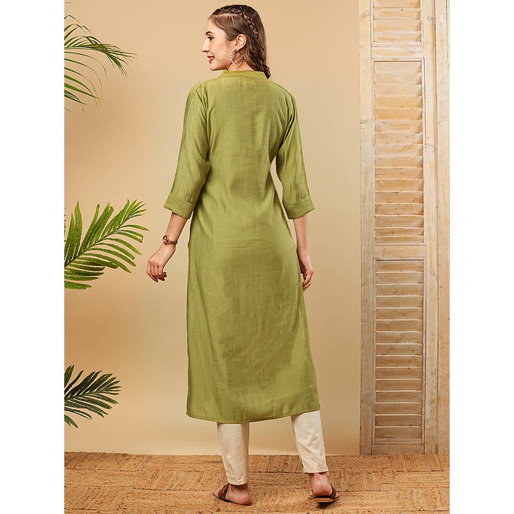 FASHOR Solid Resham Embroidered Kurta With Pant - Green (Set of 2)