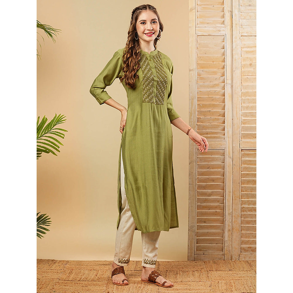 FASHOR Solid Resham Embroidered Kurta With Pant - Green (Set of 2)