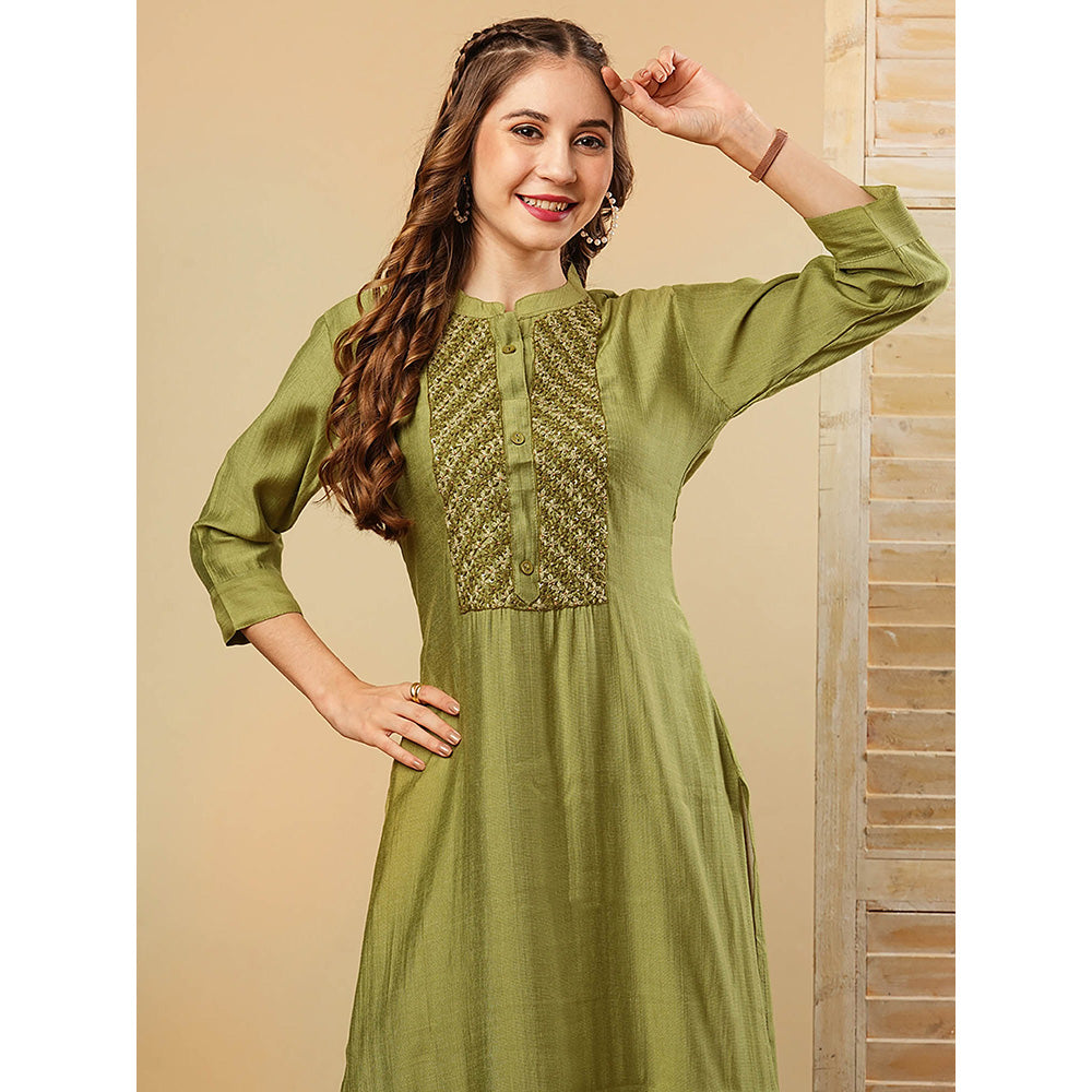 FASHOR Solid Resham Embroidered Kurta With Pant - Green (Set of 2)