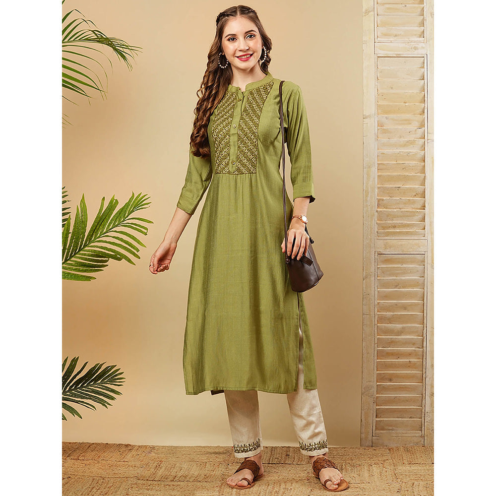 FASHOR Solid Resham Embroidered Kurta With Pant - Green (Set of 2)