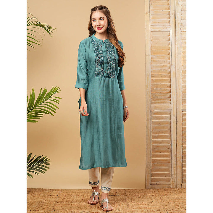 FASHOR Solid Resham Embroidered Kurta With Pant - Blue (Set of 2)