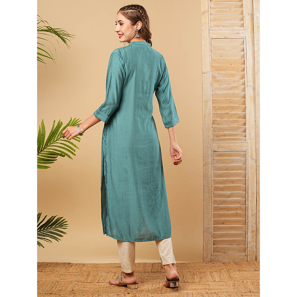 FASHOR Solid Resham Embroidered Kurta With Pant - Blue (Set of 2)