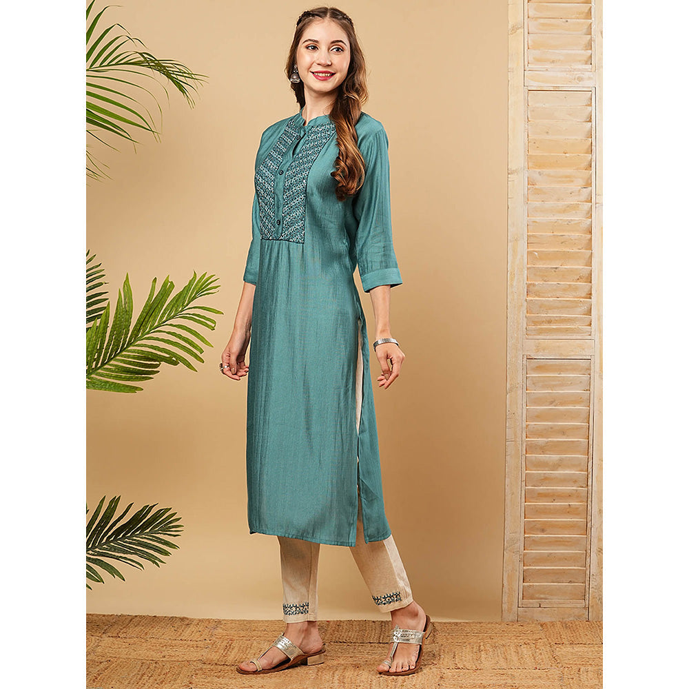 FASHOR Solid Resham Embroidered Kurta With Pant - Blue (Set of 2)