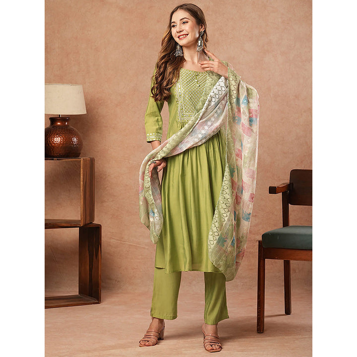 FASHOR Solid Embellished Anarkali Kurta With Pant & Dupatta - Green (Set of 3)
