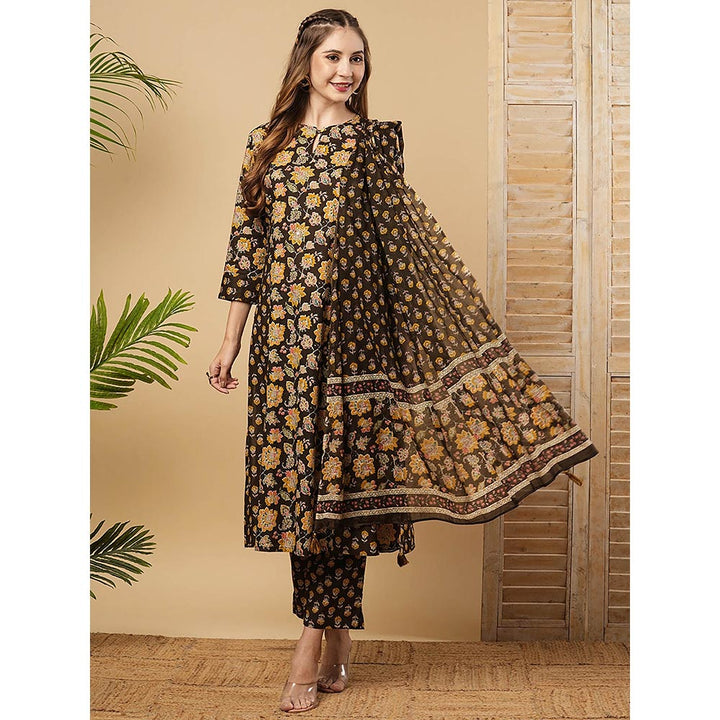 FASHOR Floral Printed Kurta With Pant & Dupatta - Coffee Brown (Set of 3)