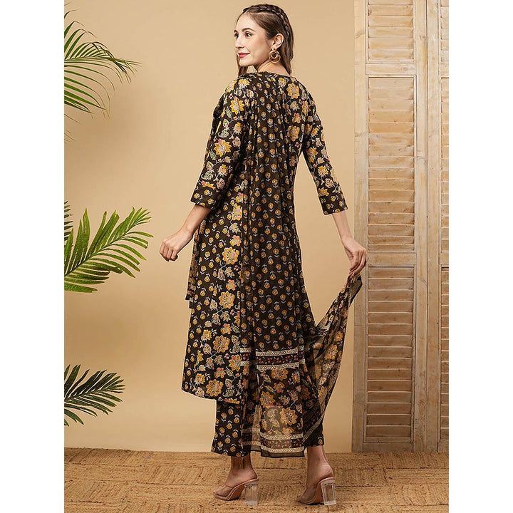 FASHOR Floral Printed Kurta With Pant & Dupatta - Coffee Brown (Set of 3)