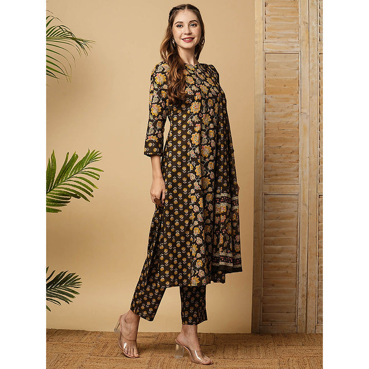 FASHOR Floral Printed Kurta With Pant & Dupatta - Coffee Brown (Set of 3)