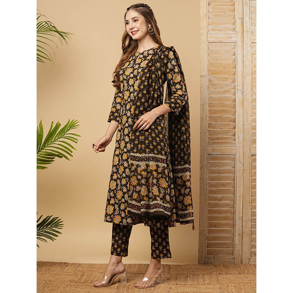 FASHOR Floral Printed Kurta With Pant & Dupatta - Coffee Brown (Set of 3)