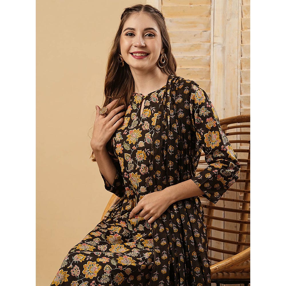 FASHOR Floral Printed Kurta With Pant & Dupatta - Coffee Brown (Set of 3)