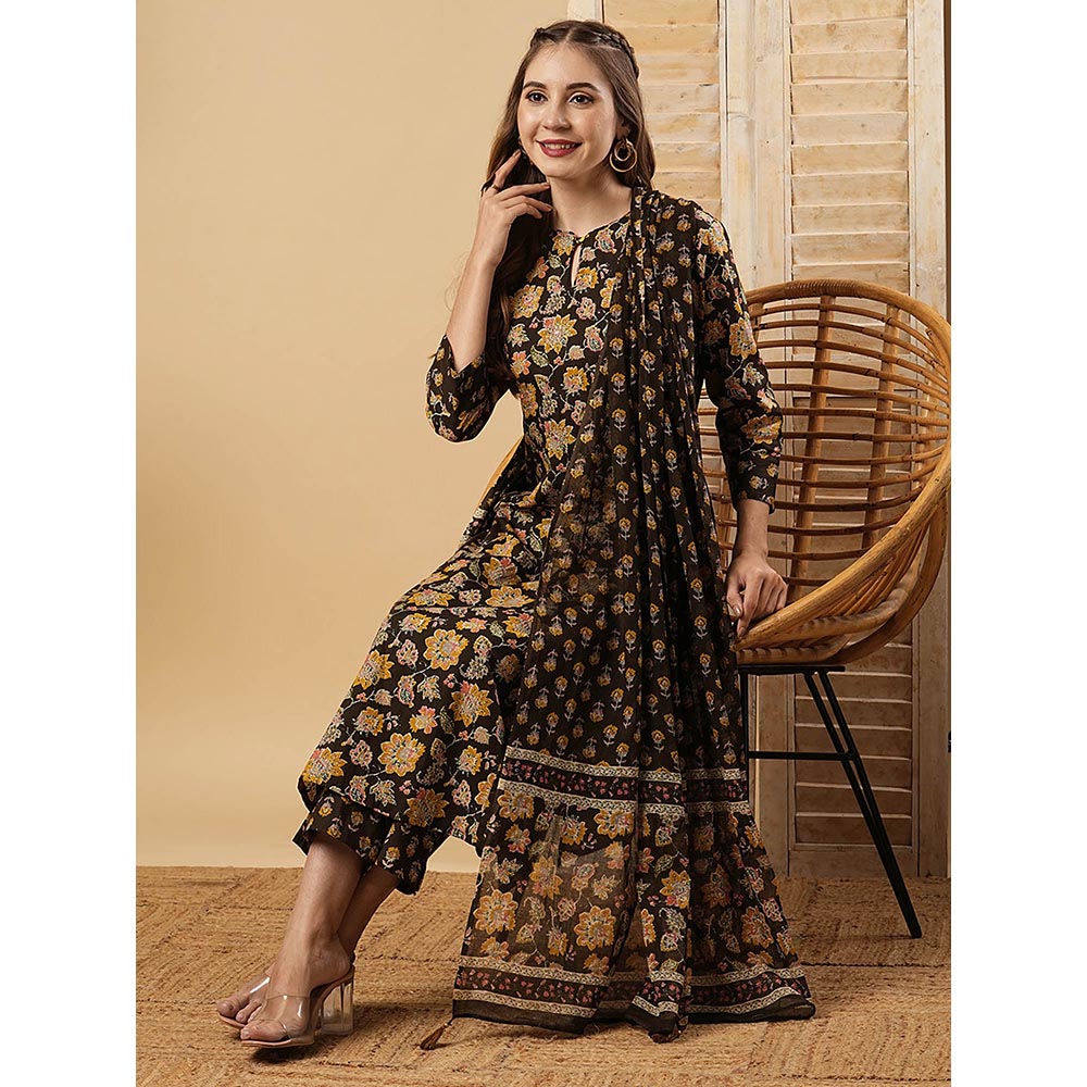 FASHOR Floral Printed Kurta With Pant & Dupatta - Coffee Brown (Set of 3)