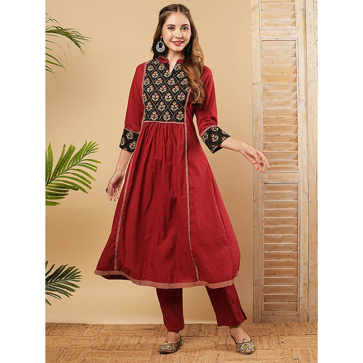 FASHOR Floral Embroidered Anarkali Kurta With Pant - Maroon (Set of 2)