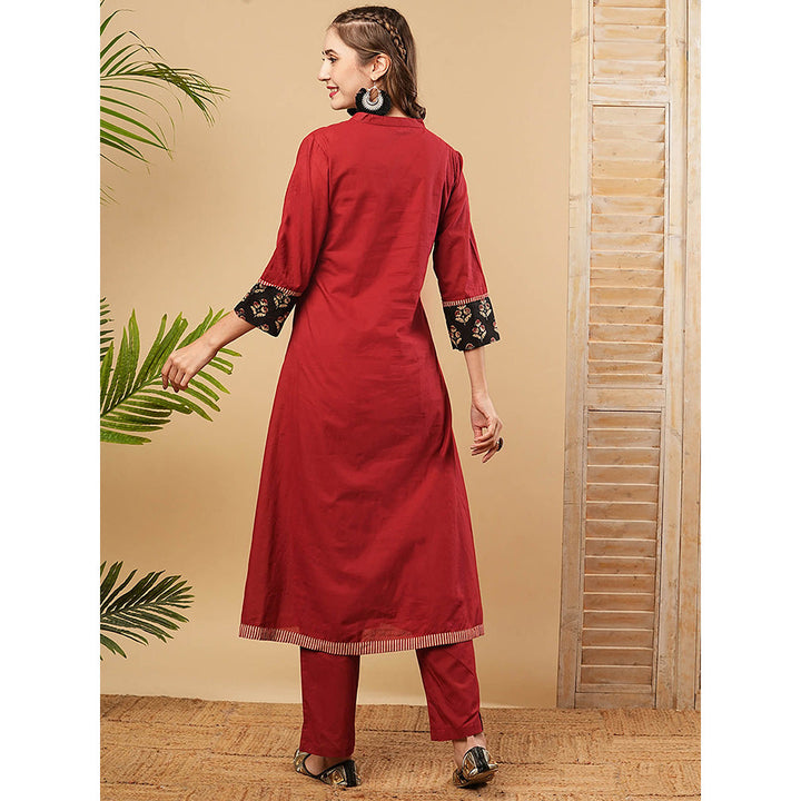 FASHOR Floral Embroidered Anarkali Kurta With Pant - Maroon (Set of 2)