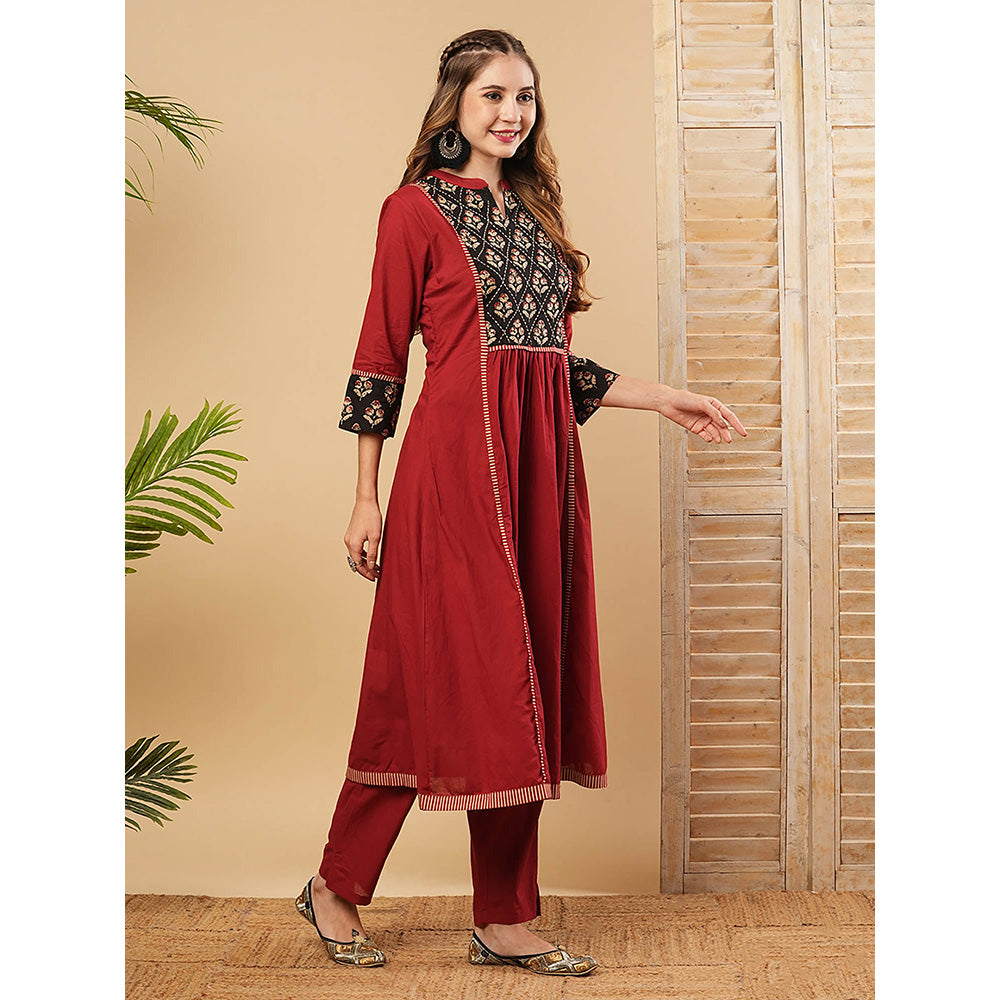 FASHOR Floral Embroidered Anarkali Kurta With Pant - Maroon (Set of 2)