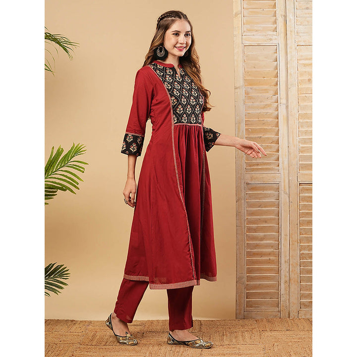 FASHOR Floral Embroidered Anarkali Kurta With Pant - Maroon (Set of 2)