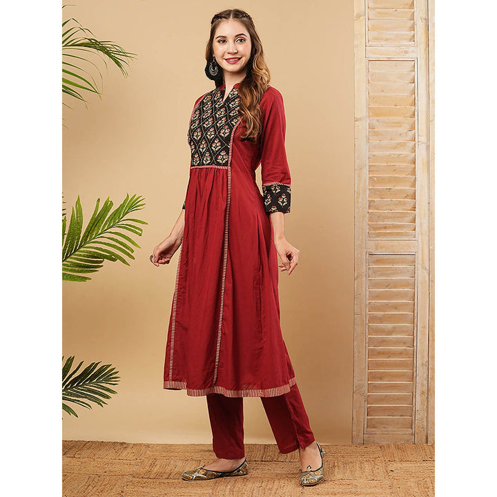 FASHOR Floral Embroidered Anarkali Kurta With Pant - Maroon (Set of 2)