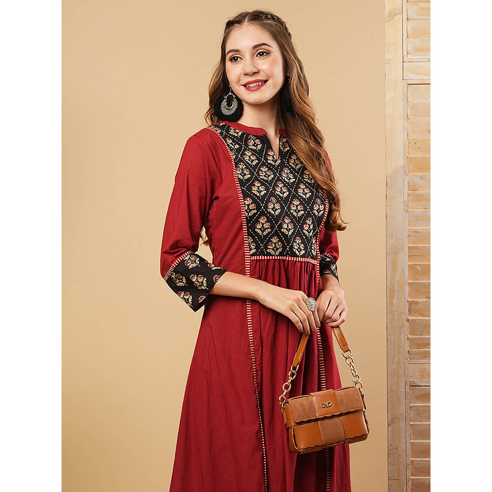 FASHOR Floral Embroidered Anarkali Kurta With Pant - Maroon (Set of 2)