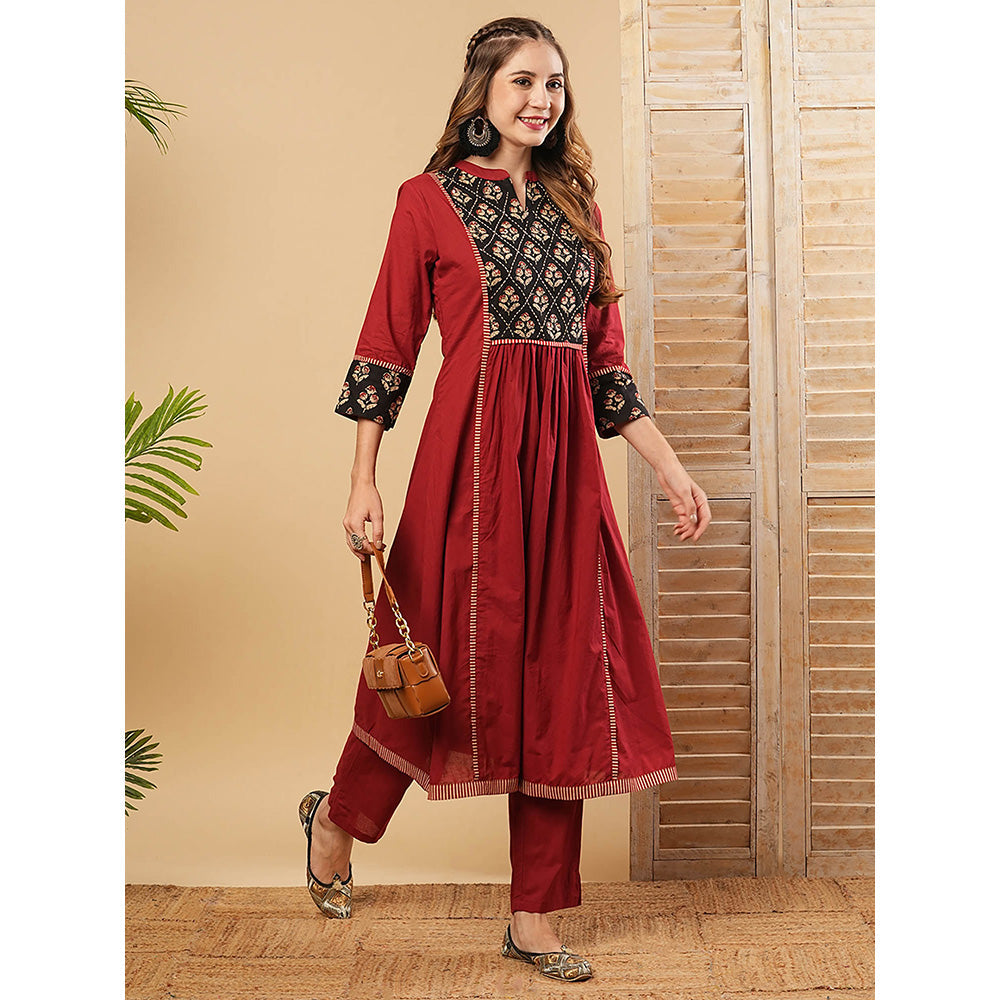 FASHOR Floral Embroidered Anarkali Kurta With Pant - Maroon (Set of 2)