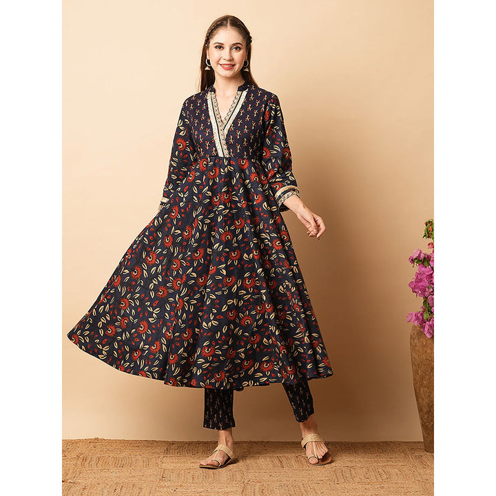 FASHOR Navy Blue Floral Printed Anarkali Kurta with Pant (Set of 2)