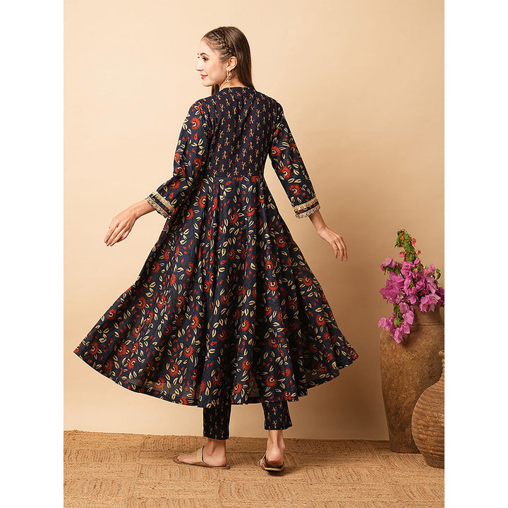 FASHOR Navy Blue Floral Printed Anarkali Kurta with Pant (Set of 2)