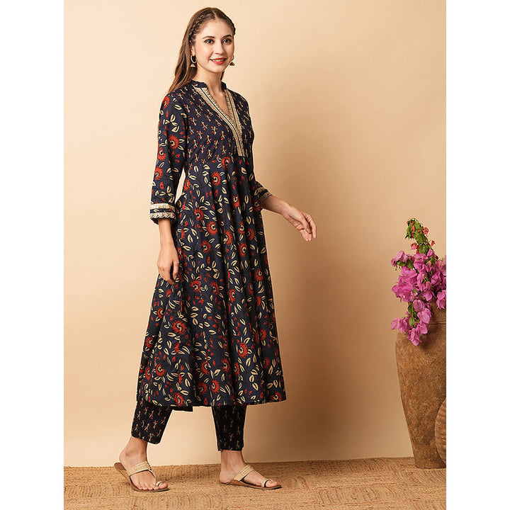 FASHOR Navy Blue Floral Printed Anarkali Kurta with Pant (Set of 2)