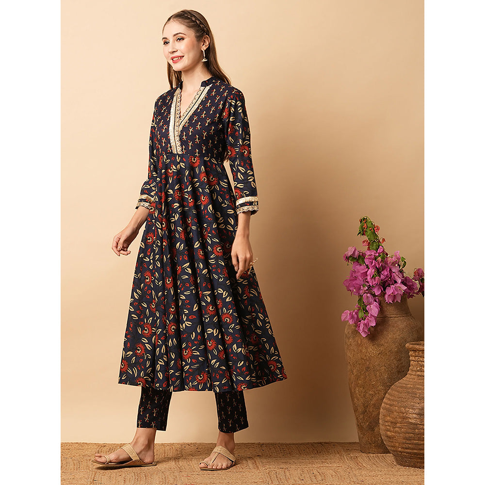 FASHOR Navy Blue Floral Printed Anarkali Kurta with Pant (Set of 2)