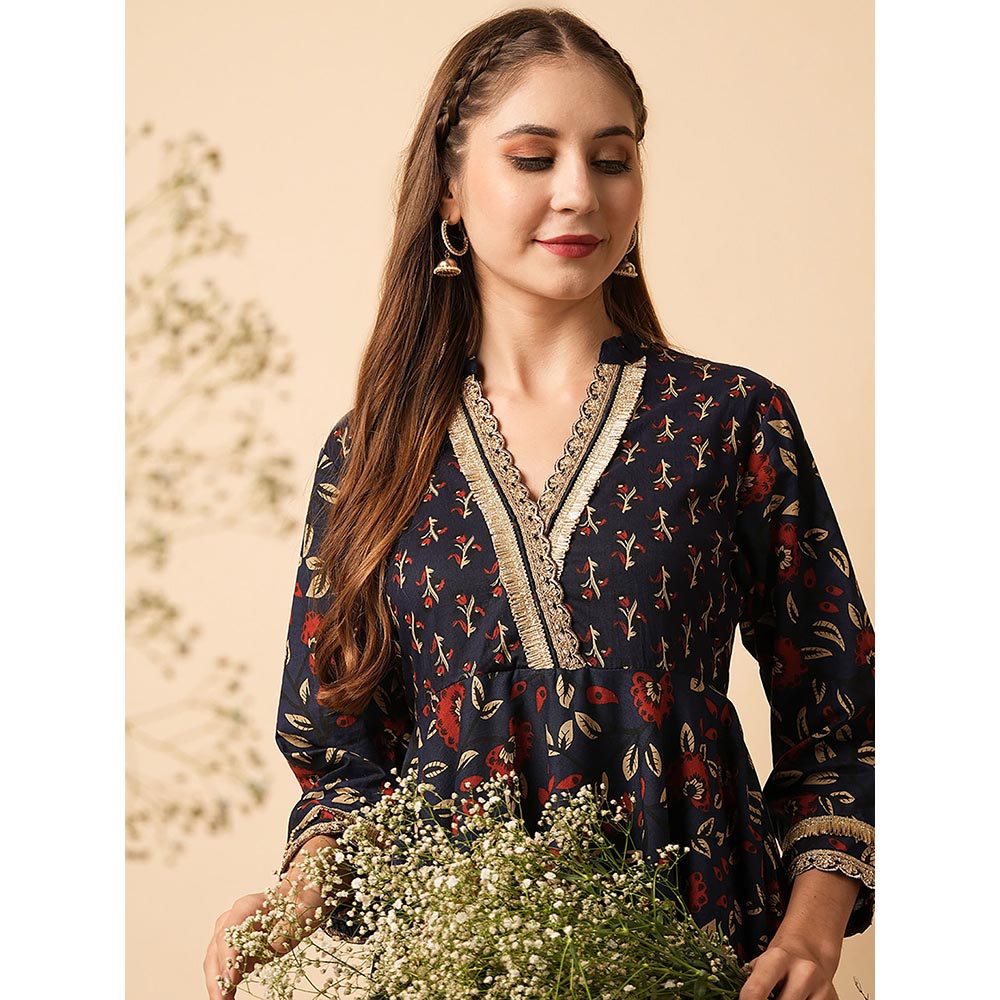 FASHOR Navy Blue Floral Printed Anarkali Kurta with Pant (Set of 2)