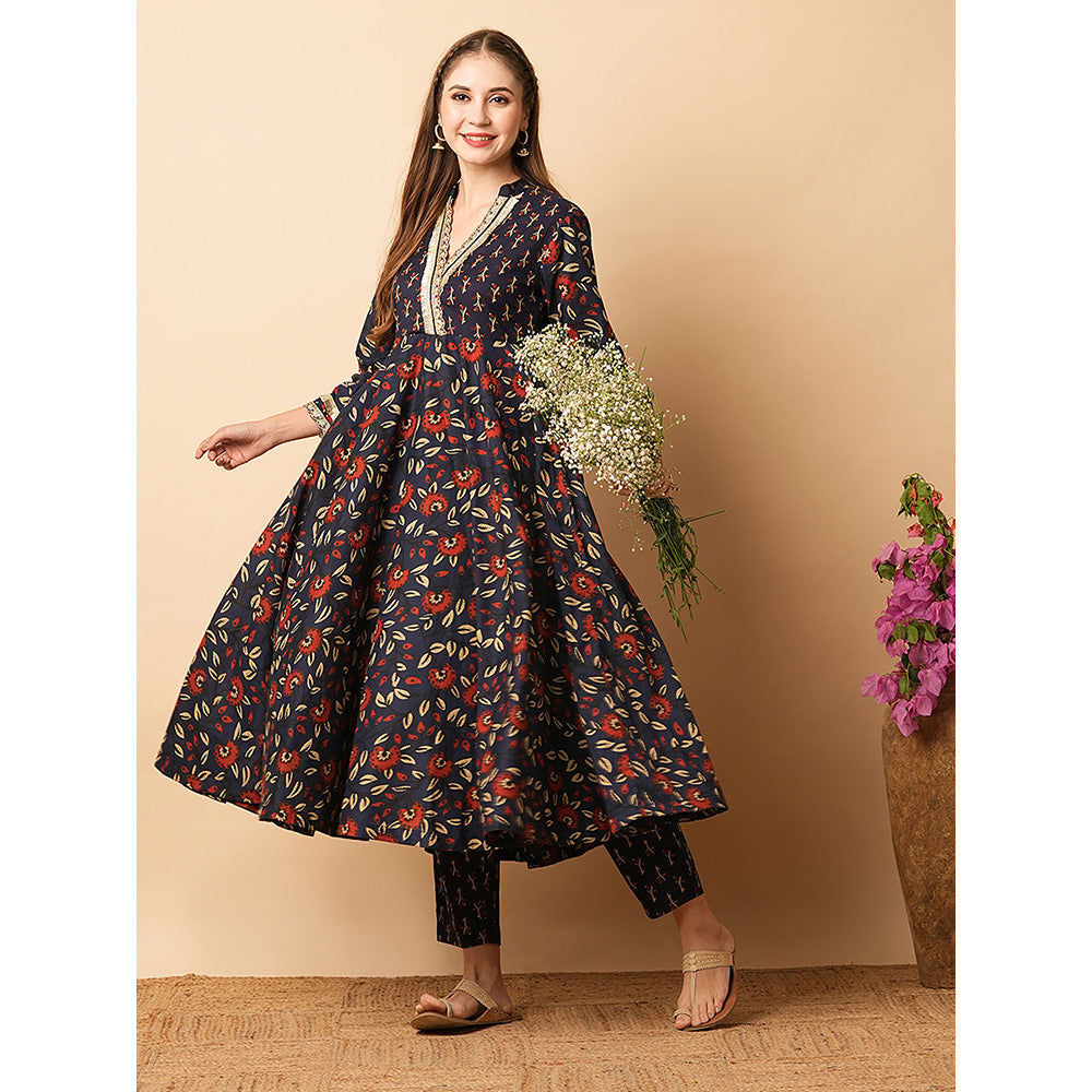 FASHOR Navy Blue Floral Printed Anarkali Kurta with Pant (Set of 2)