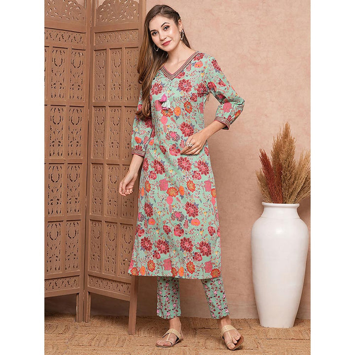 FASHOR Green Floral Printed Kurta with Pant (Set of 2)