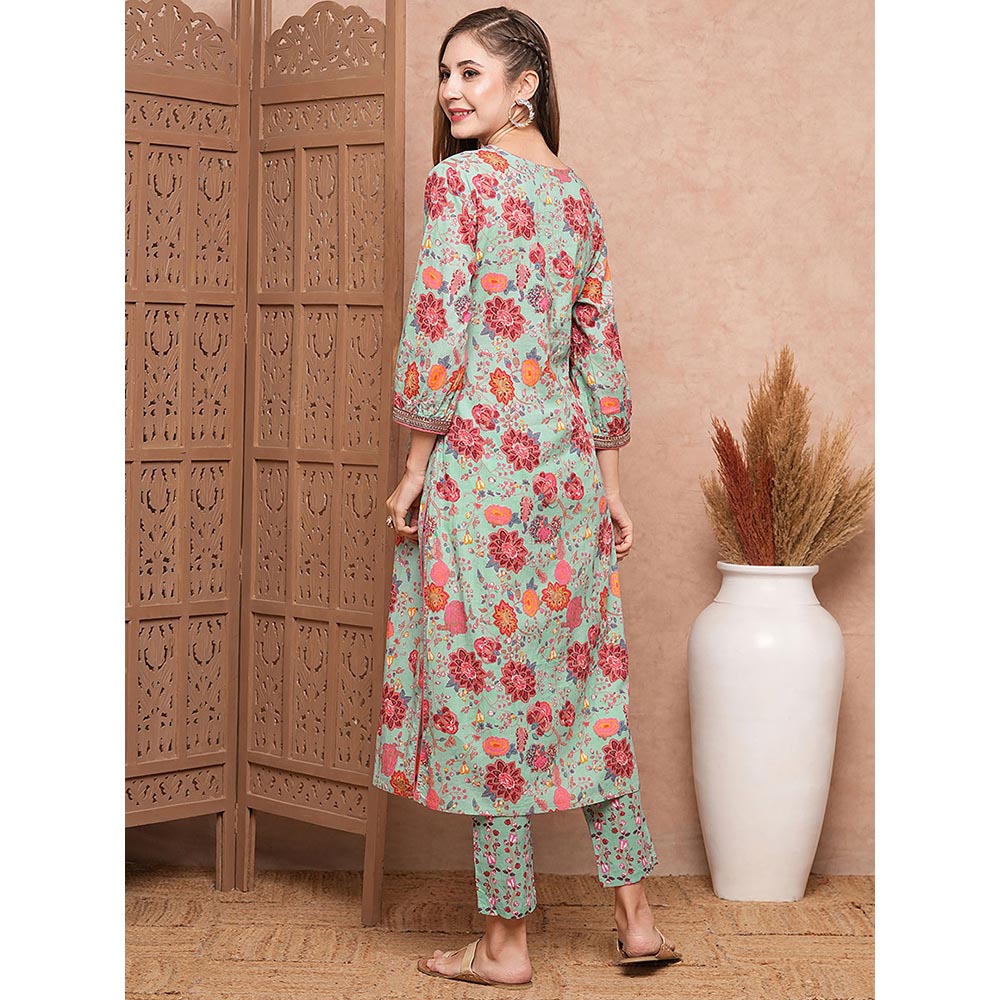 FASHOR Green Floral Printed Kurta with Pant (Set of 2)