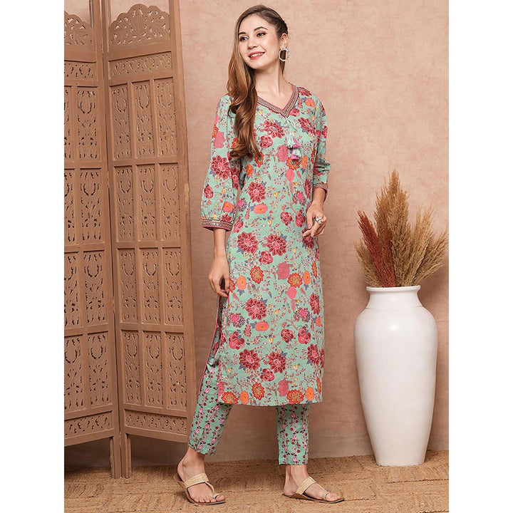 FASHOR Green Floral Printed Kurta with Pant (Set of 2)