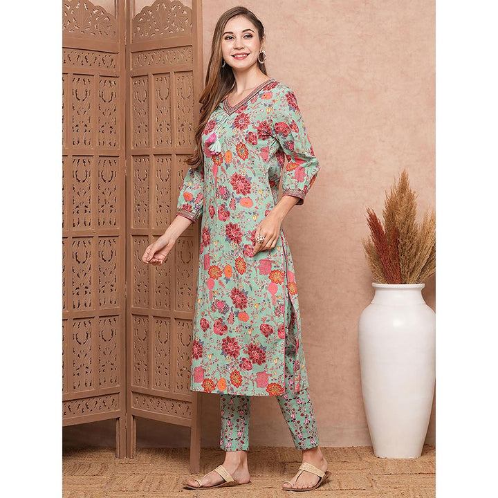 FASHOR Green Floral Printed Kurta with Pant (Set of 2)