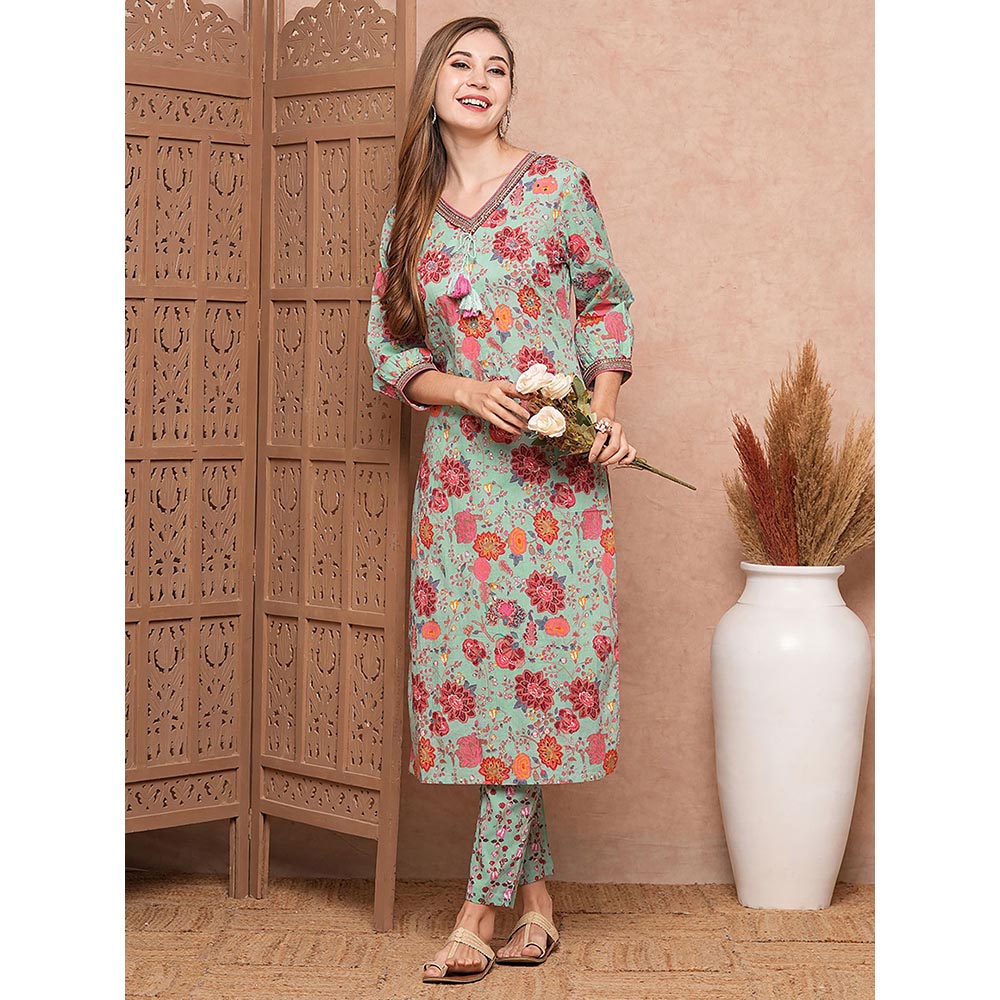 FASHOR Green Floral Printed Kurta with Pant (Set of 2)