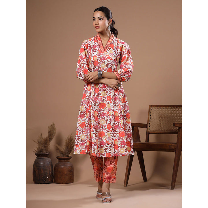 FASHOR Off White Floral Printed Paneled Kurta with Pant (Set of 2)