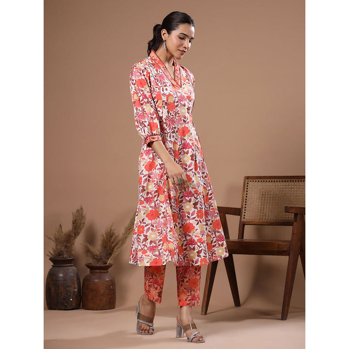 FASHOR Off White Floral Printed Paneled Kurta with Pant (Set of 2)