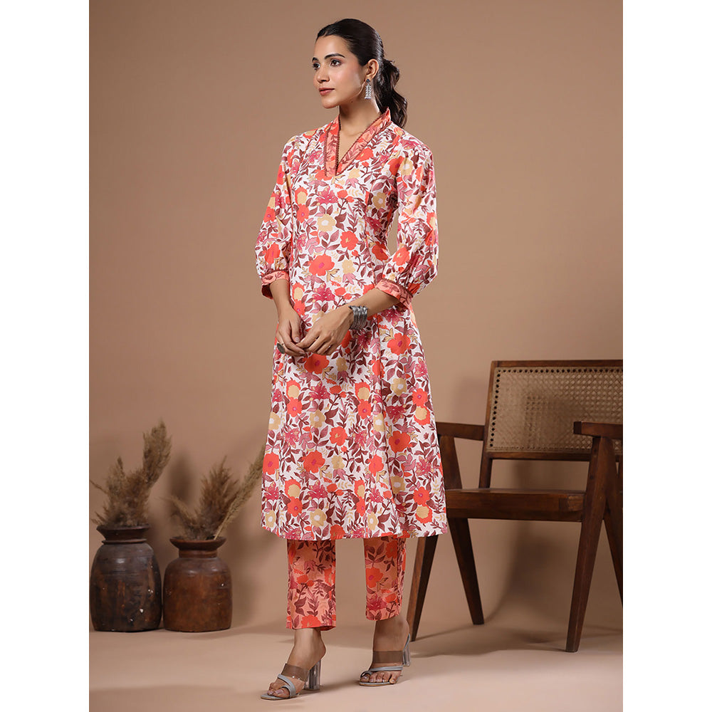 FASHOR Off White Floral Printed Paneled Kurta with Pant (Set of 2)