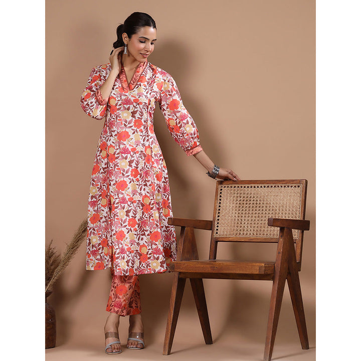 FASHOR Off White Floral Printed Paneled Kurta with Pant (Set of 2)