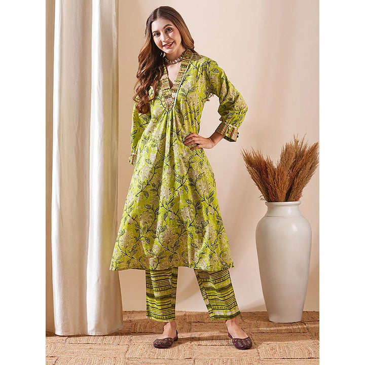 FASHOR Green Floral Printed Kurta with Pant (Set of 2)