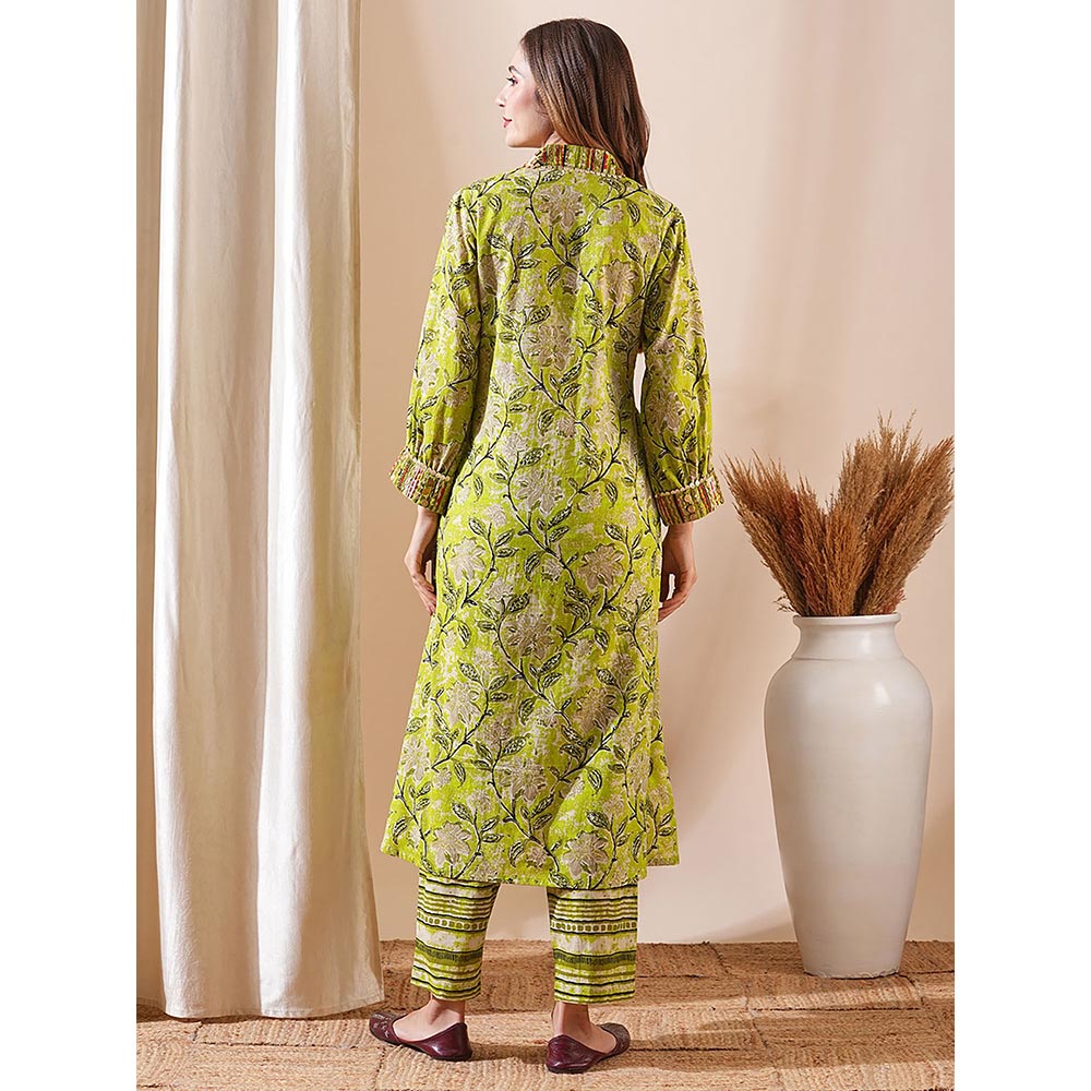 FASHOR Green Floral Printed Kurta with Pant (Set of 2)