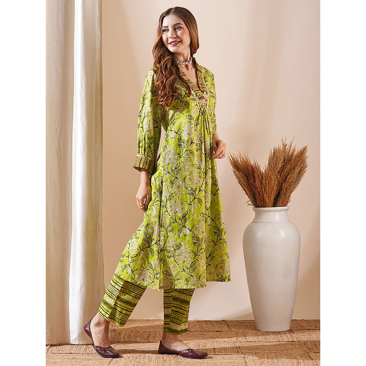 FASHOR Green Floral Printed Kurta with Pant (Set of 2)