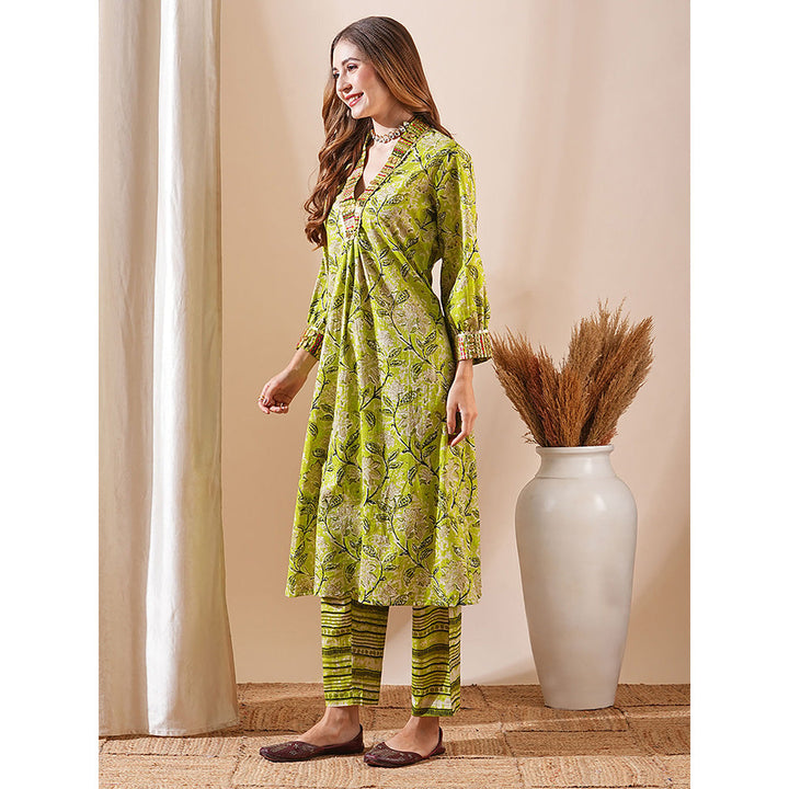 FASHOR Green Floral Printed Kurta with Pant (Set of 2)