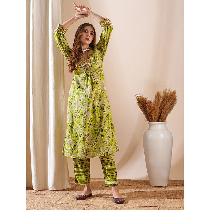 FASHOR Green Floral Printed Kurta with Pant (Set of 2)