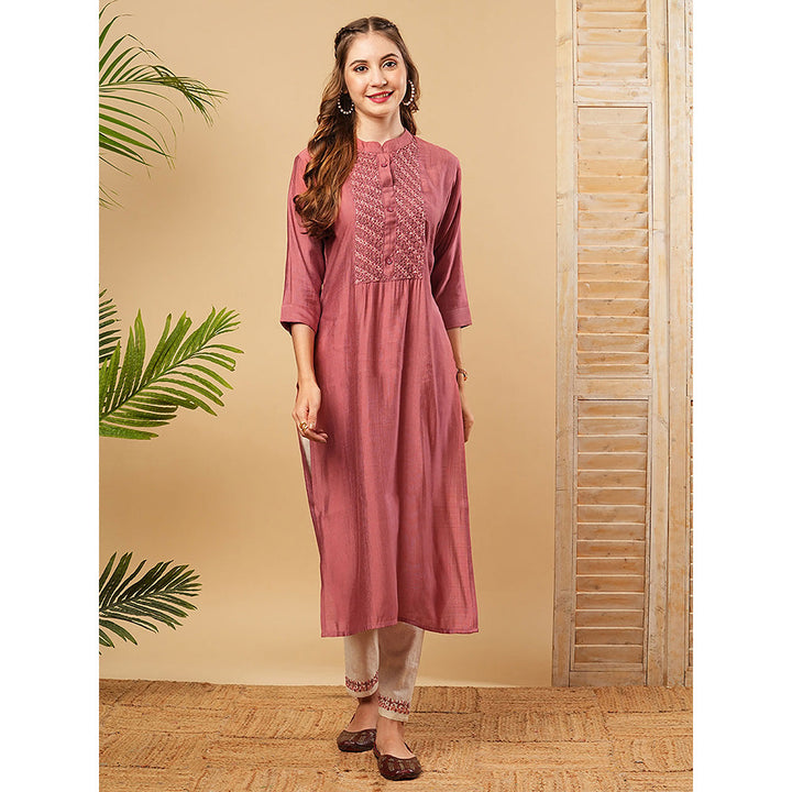 FASHOR Mauve Solid Embroidered Kurta with Pant (Set of 2)